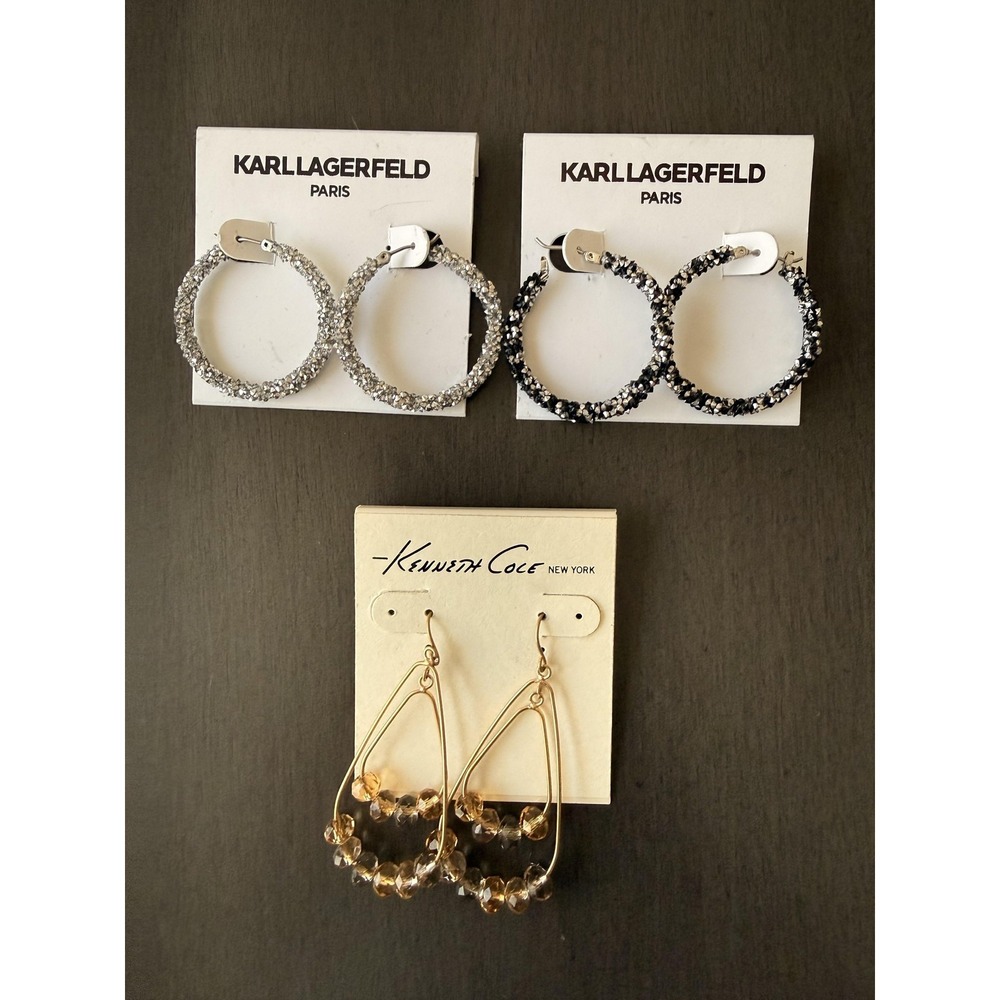 Karl Lagerfeld Kenneth Cole Earrings 3 Pair Hoop Dangle Multicolor Womens Drop